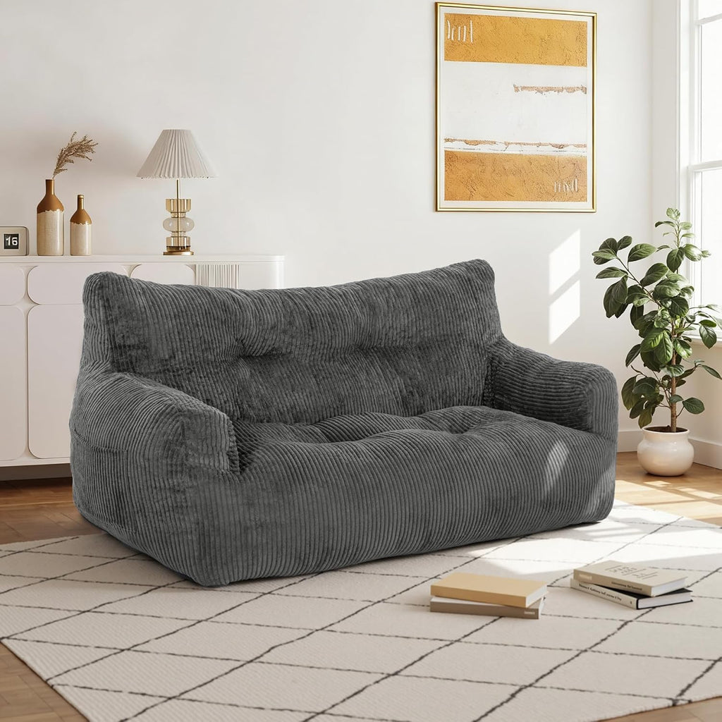 Pamapic 59" Bean Bag Chair,2 Seat Loveseat Sofa,Ultra Soft Dutch Velvet,Fluffy Comfort Washable Cover,Corduroy Lazy Sofa Bed for Adults,Fit Living Room, Bedroom,Outdoor Spaces,72h Rebound,Gray
