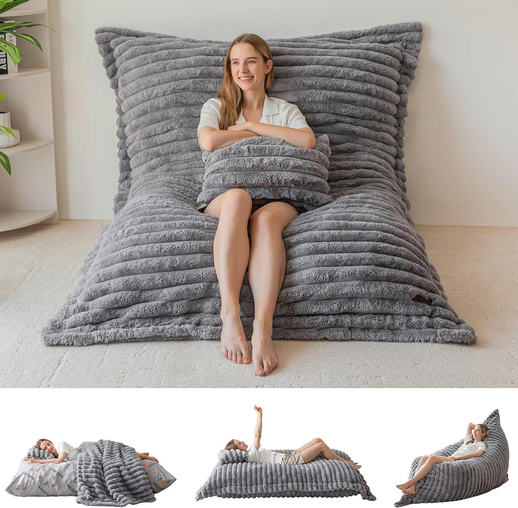 MAXYOYO Giant Bean Bag Chair with Pillow, 3 in 1 Convertible Bean Bag Chair for Adults with Washable Cover, Floor Cushion Stuffed Floor Lounger for Living Room Bedroom, Grey, Full