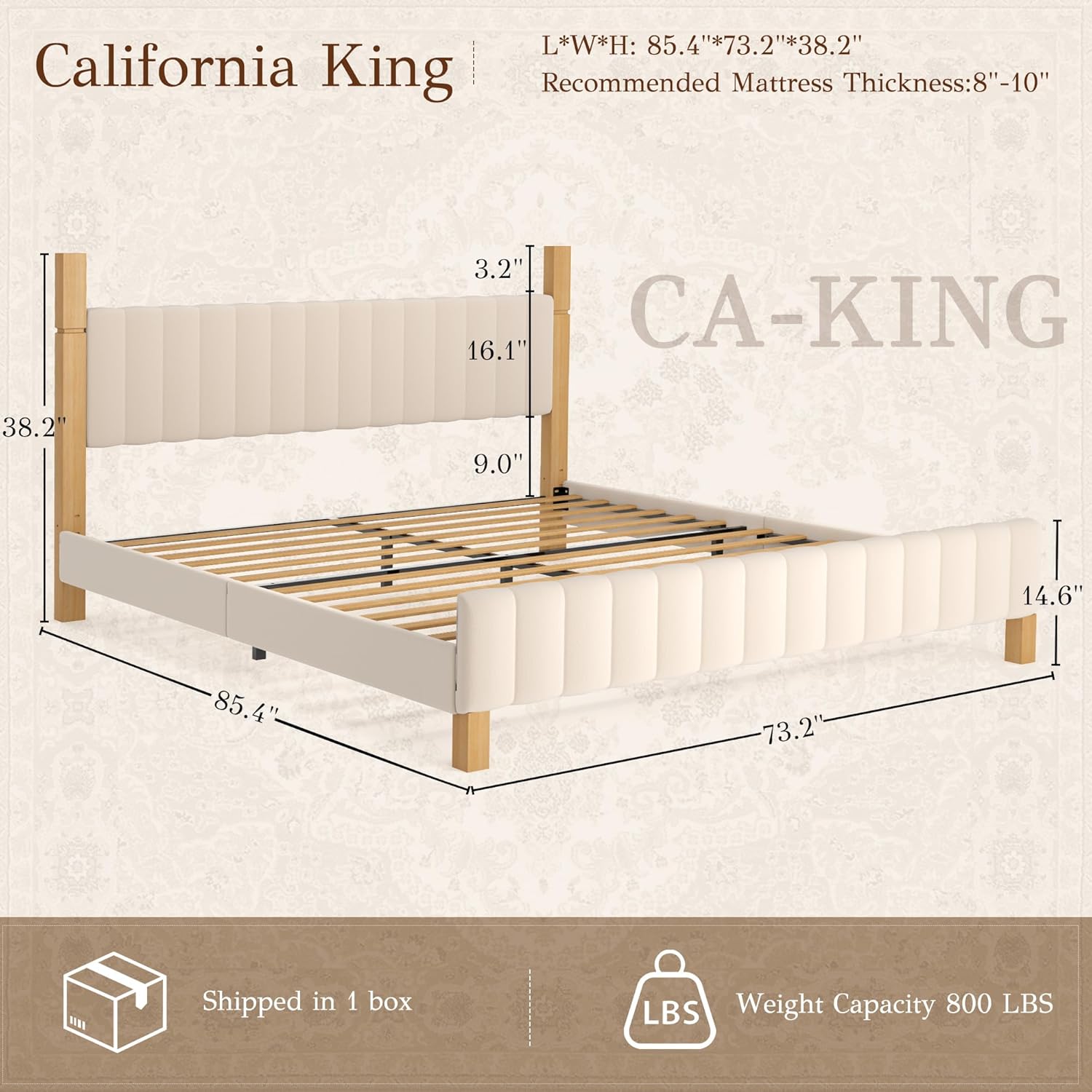 Yechen California King Bed Frame, Solid Wood Bed Frame CA-King Size with Upholstered Headboard, Platform Bedframe Noise Free, No Box Spring Needed, Beige Linen