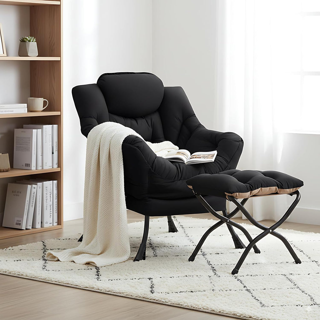 LITA Lazy Chair with Ottoman, Modern Accent Leisure Upholstered Sofa Chair, Contemporary Lounge Reading Chairs with Armrests and a Side Pocket for Living Room, Bedroom & Small Space, Black