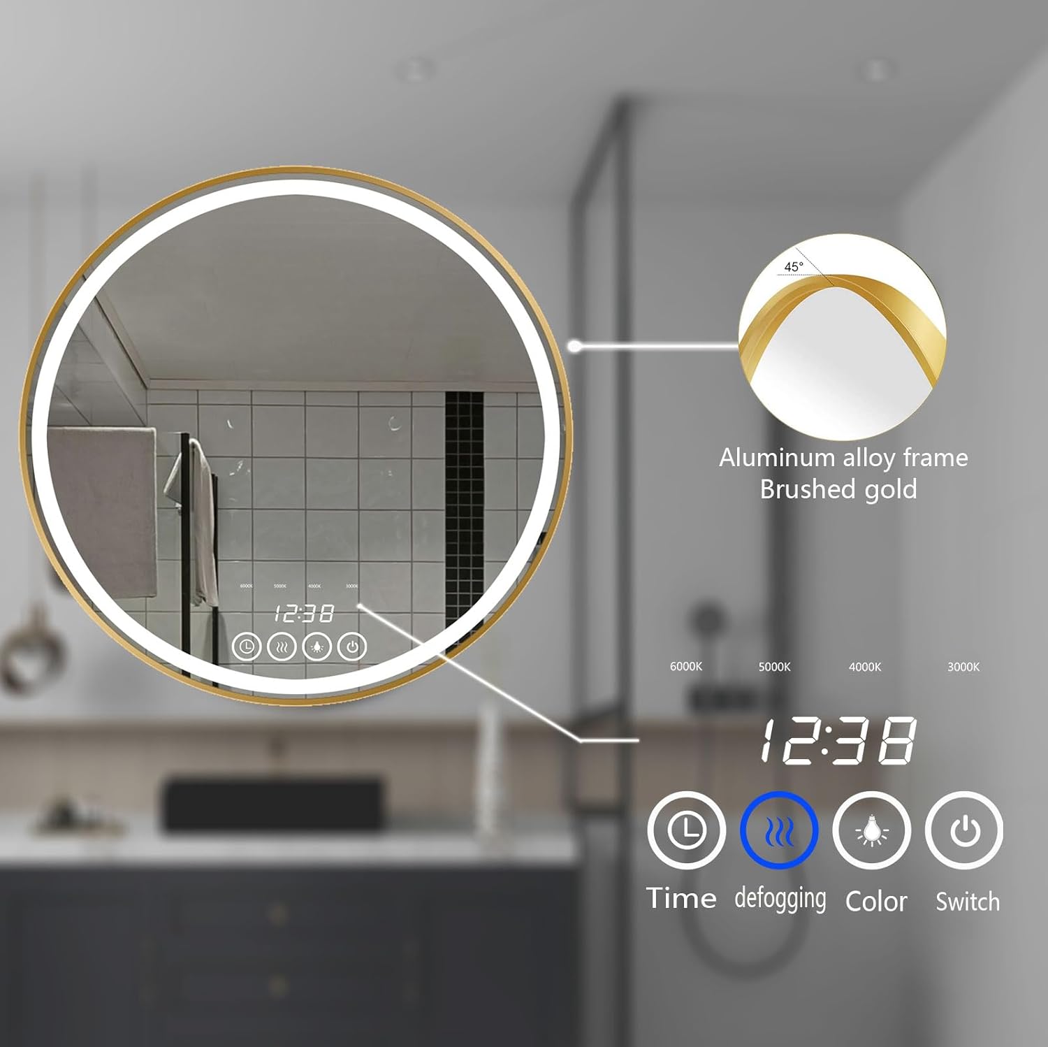 Round LED Bathroom Mirror with Lights, 28x28 Inch Gold Wall Mounted Frame Lighted Vanity Mirrors