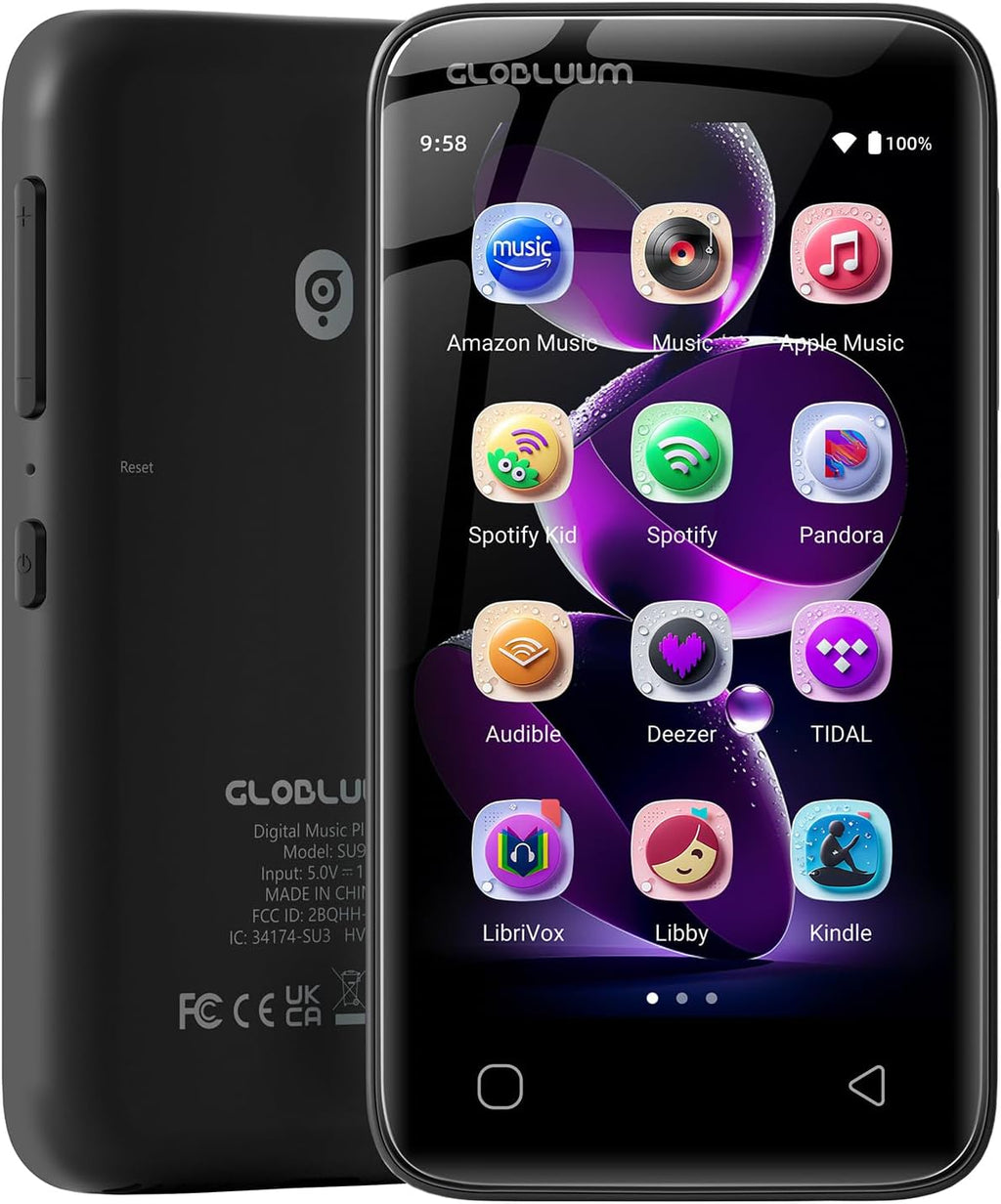 160GB MP3 Player with Bluetooth 5.0 and WiFi, Music Player with Spotify, Audible, Amazon Music, Pandora, Libby, Spotify Kids, 4" Touchscreen Android MP4 Player with HiFi Sound (Glossy Black)