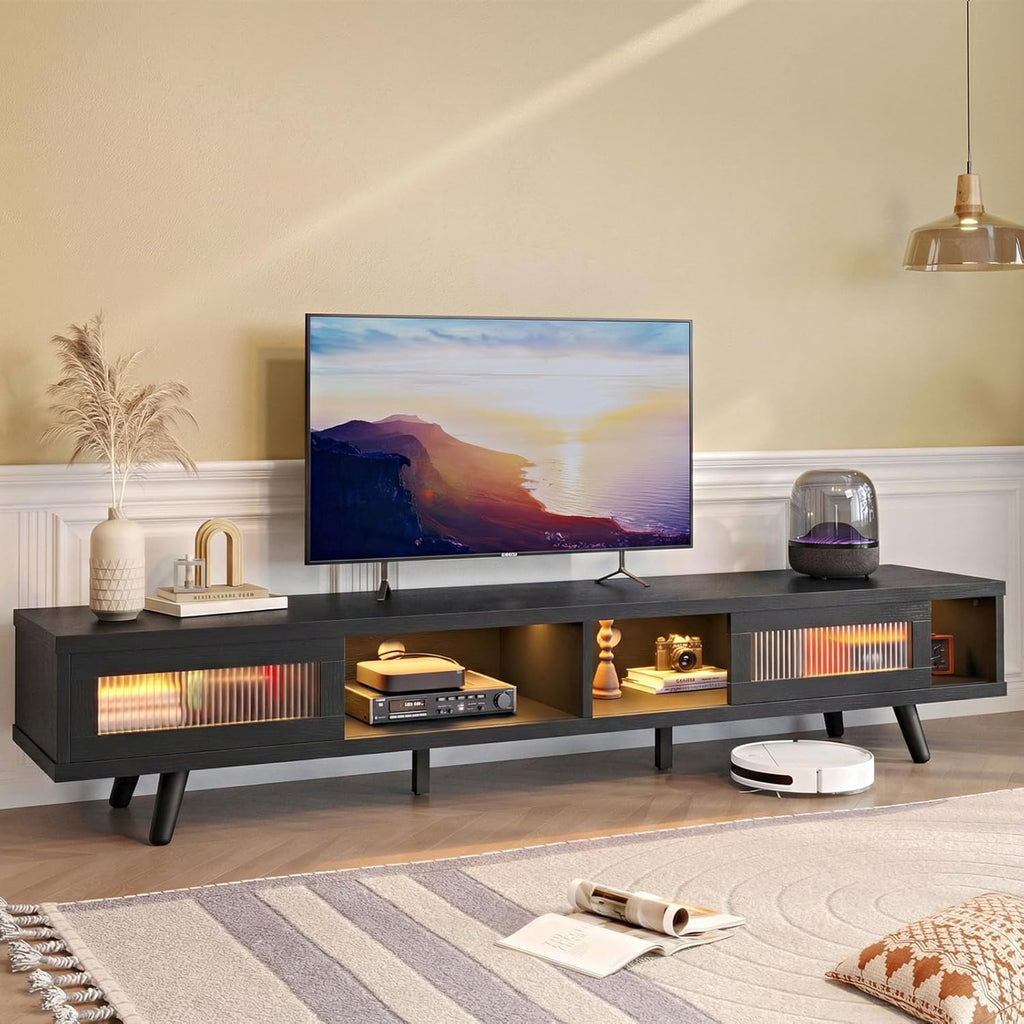 Bestier Mid Century Modern TV Stand for 75 inch TV, LED Entertainment Center with Storage and Sliding Doors, Low Profile TV Consoles for Living Room, Embossed Black