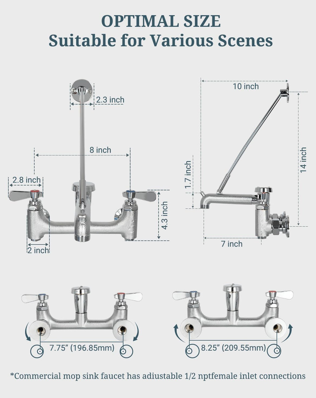 Commercial Mop Sink Faucet with Vacuum Breaker, Wall Mount Service Sink Faucet, 8 Inch Adjustable Center, Pail Hook, Heavy-Duty Brass Utility Sink Faucet for Restaurant/Garage/Industrial