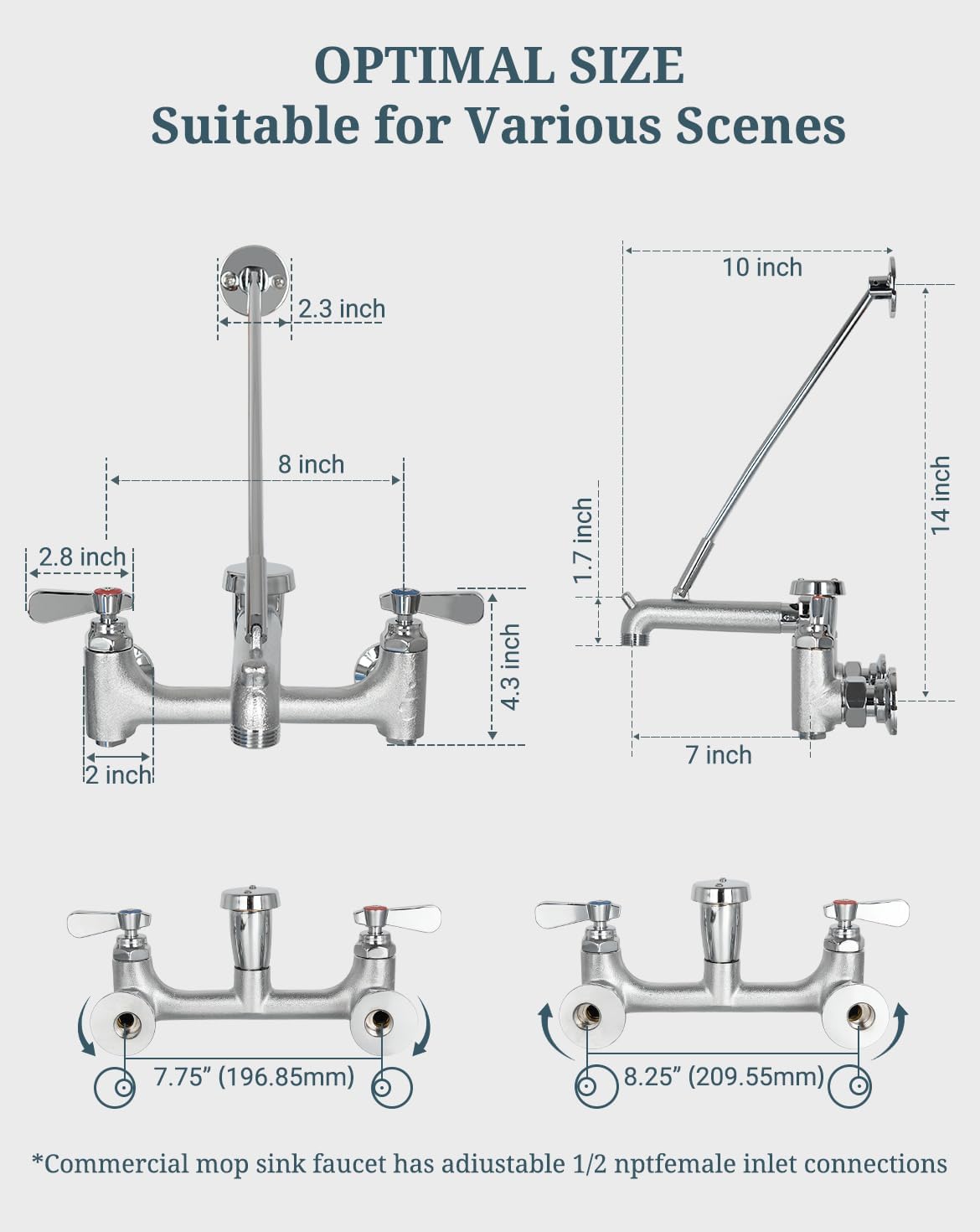 Commercial Mop Sink Faucet with Vacuum Breaker, Wall Mount Service Sink Faucet, 8 Inch Adjustable Center, Pail Hook, Heavy-Duty Brass Utility Sink Faucet for Restaurant/Garage/Industrial