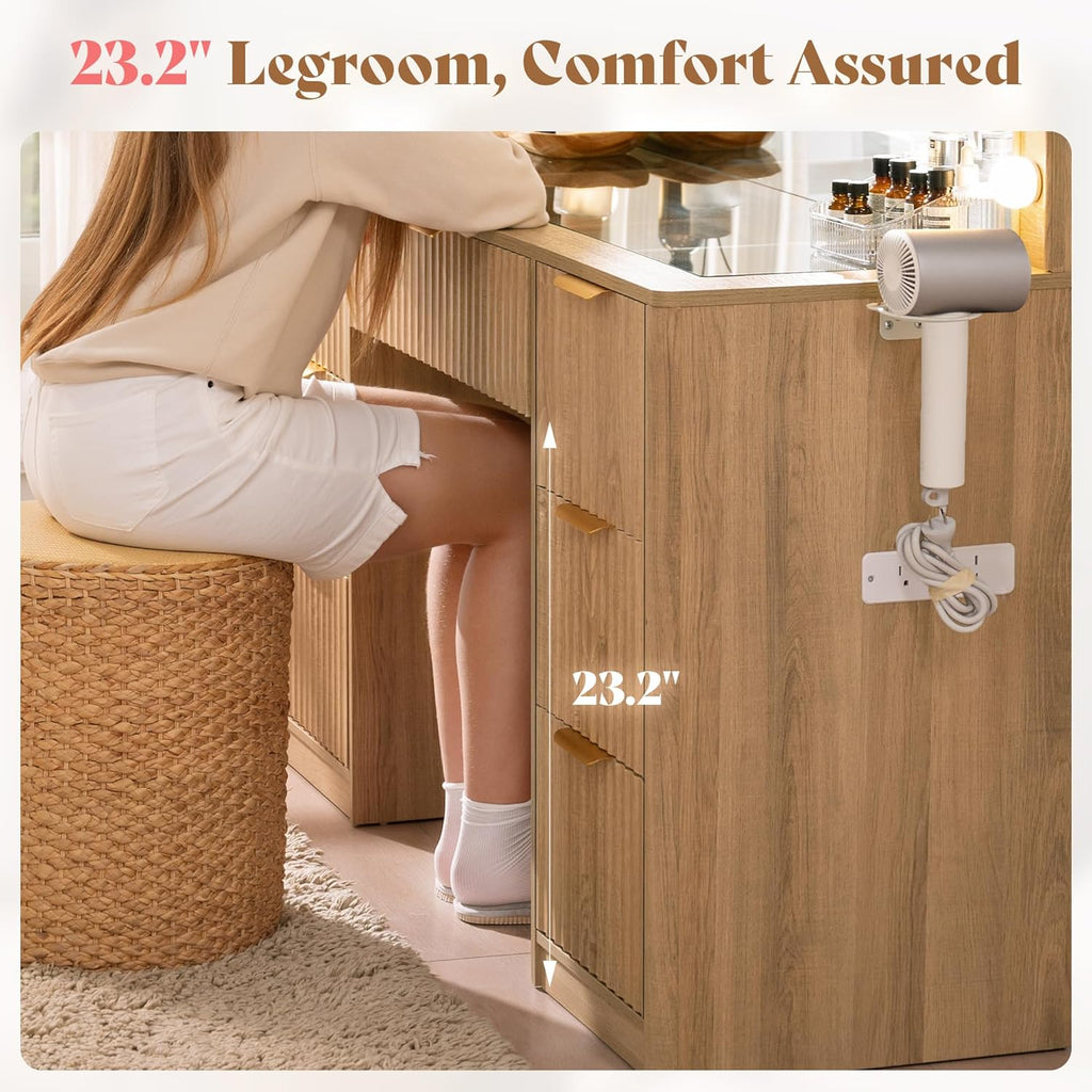 AMERLIFE 36.2" Fluted Vanity Desk with Mirror and Adjustable LED Lights, Large 4 Drawers Makeup Vanity Table with Glass Top and Charging Station for Women and Girls, Bedroom or Dorm, Natural Oak