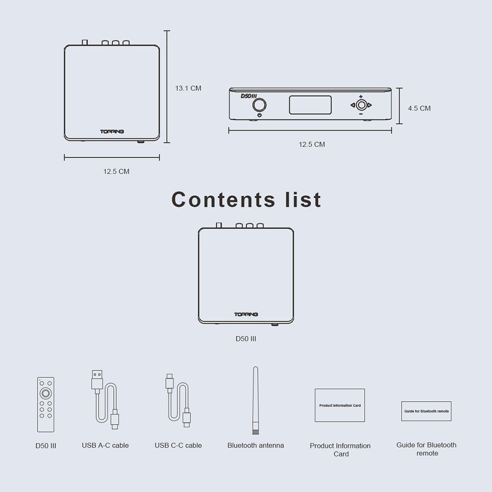 TOPPING D50 III 2*ES9039Q2M DAC, USB/BT5.1/Optical/Coaxial to RCA/TRS Audio DAC, Type-C Bluetooth 5.1 SPDIF Input Digital-Analog Converter, Hi-Res Audio DAC, Home Audio DAC with 12V Trigger (Silver)