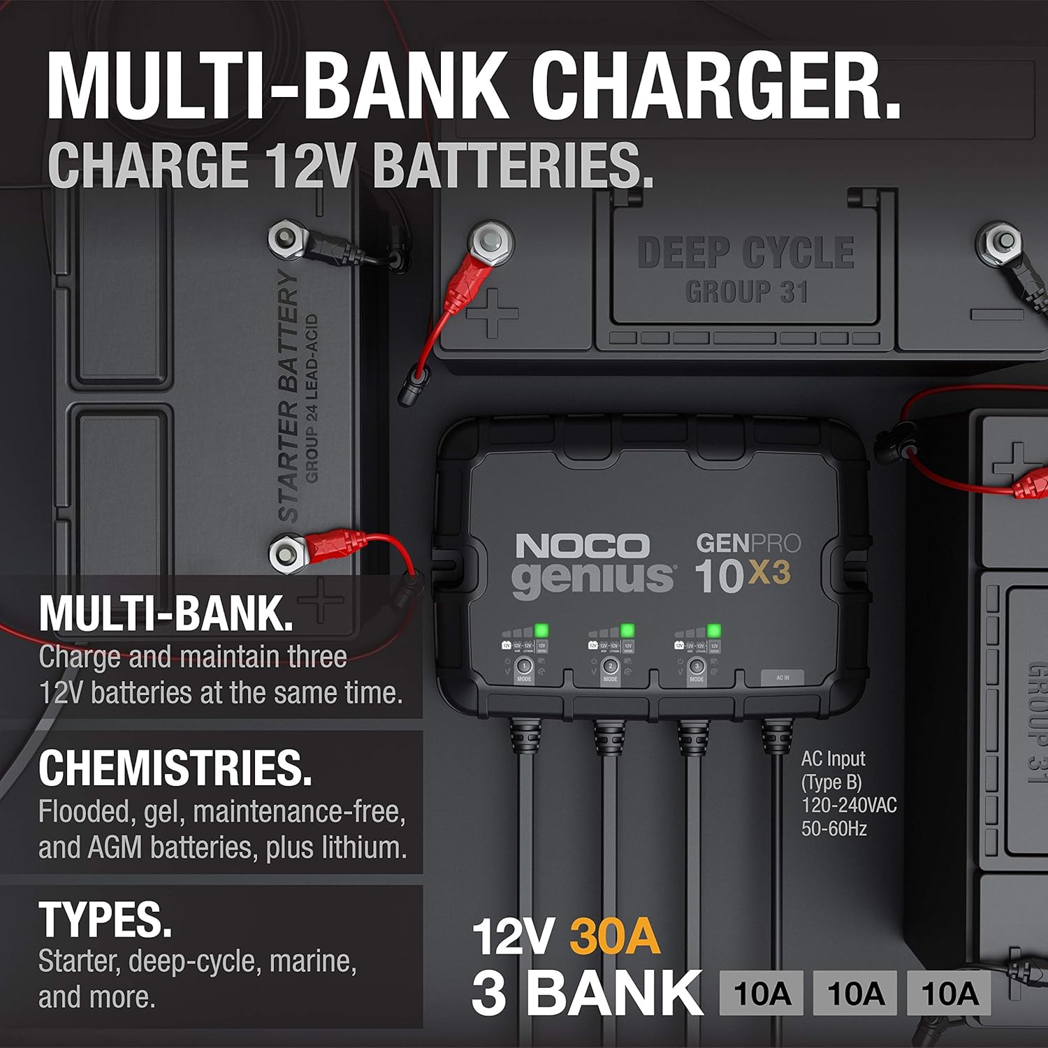 NOCO Genius GENPRO10X3, 3-Bank, 30A (10A/Bank) Smart Marine Battery Charger, 12V Waterproof Onboard Boat Charger, Battery Maintainer and Desulfator for AGM, Lithium (LiFePO4) and Deep-Cycle Batteries