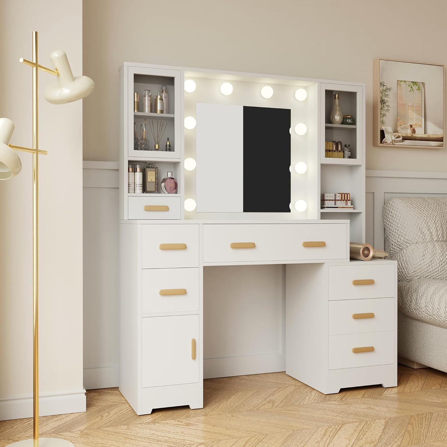 DYHOME Large Vanity Desk with LED Light Mirror & Power Outlet, 3 Lighting Modes, Adjustable Bright, White Makeup Vanity, 7 Drawers, 3 Storage Cabinet, Dressing Table for Women, Girls, Teens, Bedroom