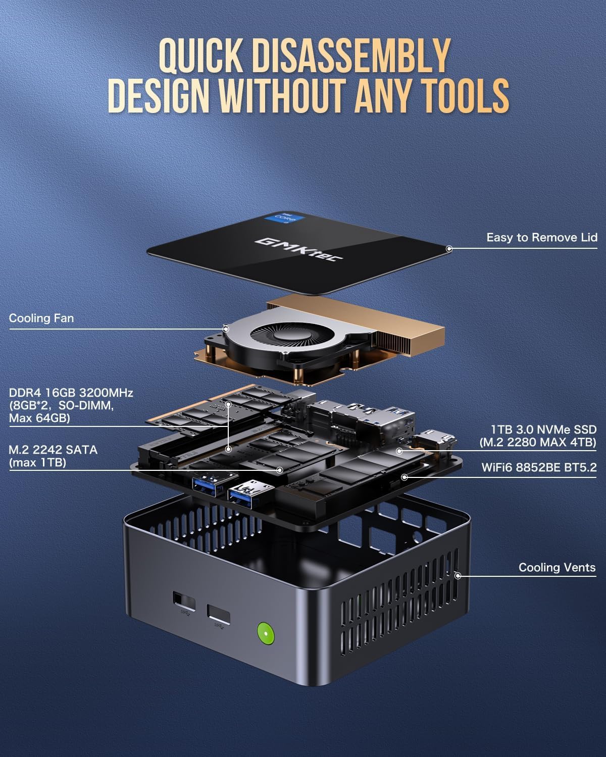 GMKtec Mini PC with Intel Core i7-1185G7 Processor (Up to 4.8 GHz) 16GB DDR4 1TB SSD NIC i226V RJ45 2.5G Iris Xe Graphics USB4.0 Desktop Mini Computers WiFi 6, BT 5.2/ DP, HDMI M2