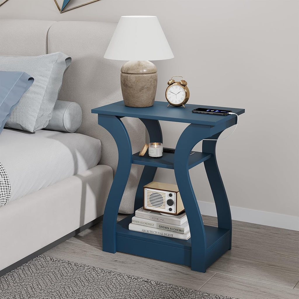 FROMJBEST End Table with Charging Station, Side Table with USB Ports and Outlets, Nightstand, 3 Tier End Table with Storage Shelf for Living Room, Bedroom, Navy Blue, Set of 2