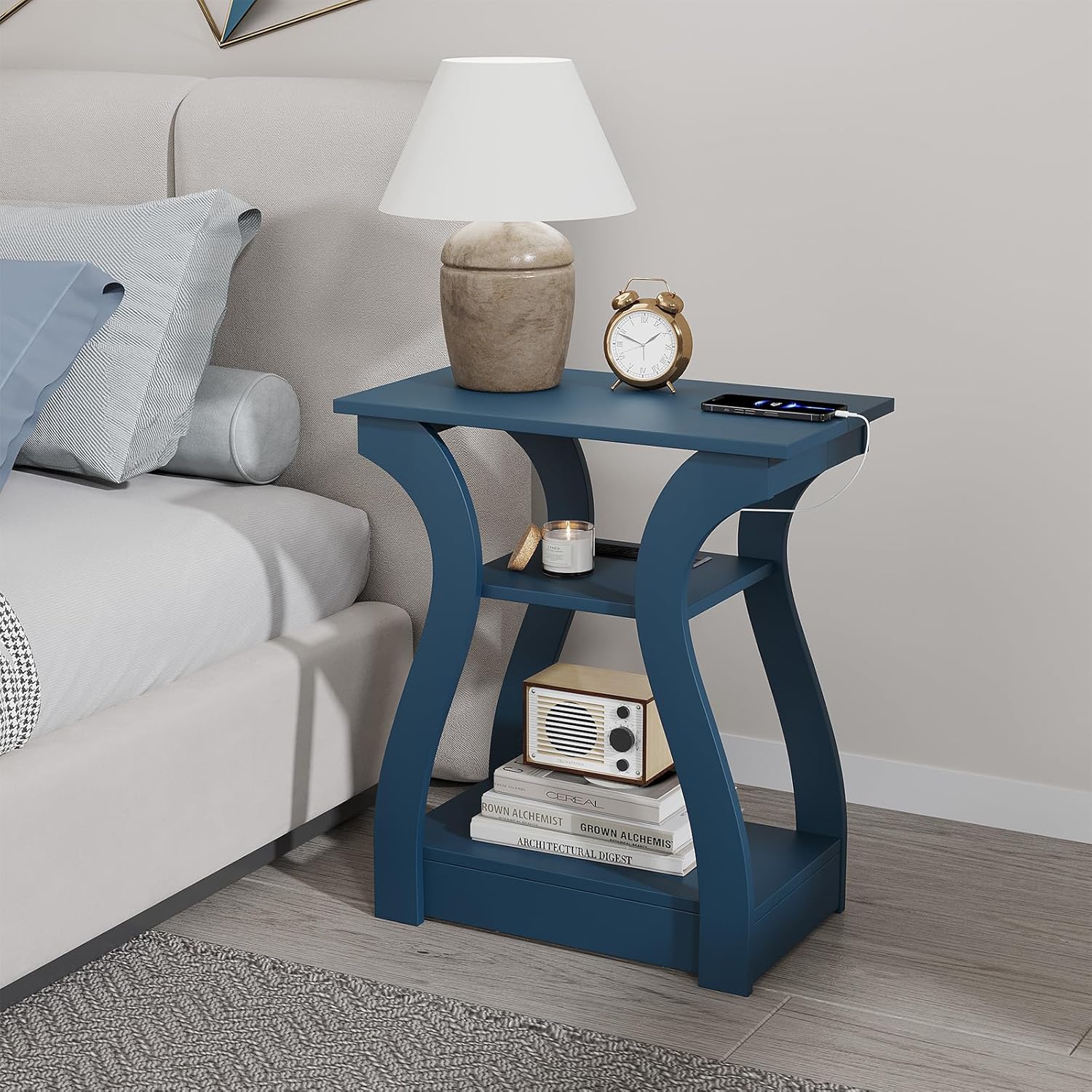 FROMJBEST End Table with Charging Station, Side Table with USB Ports and Outlets, Nightstand, 3 Tier End Table with Storage Shelf for Living Room, Bedroom, Navy Blue, Set of 2