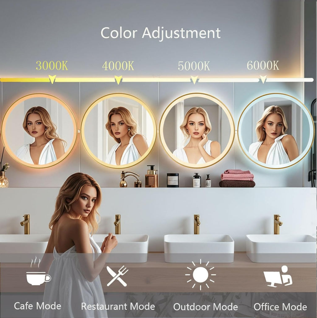 Round LED Bathroom Mirror with Lights, 28x28 Inch Gold Wall Mounted Frame Lighted Vanity Mirrors