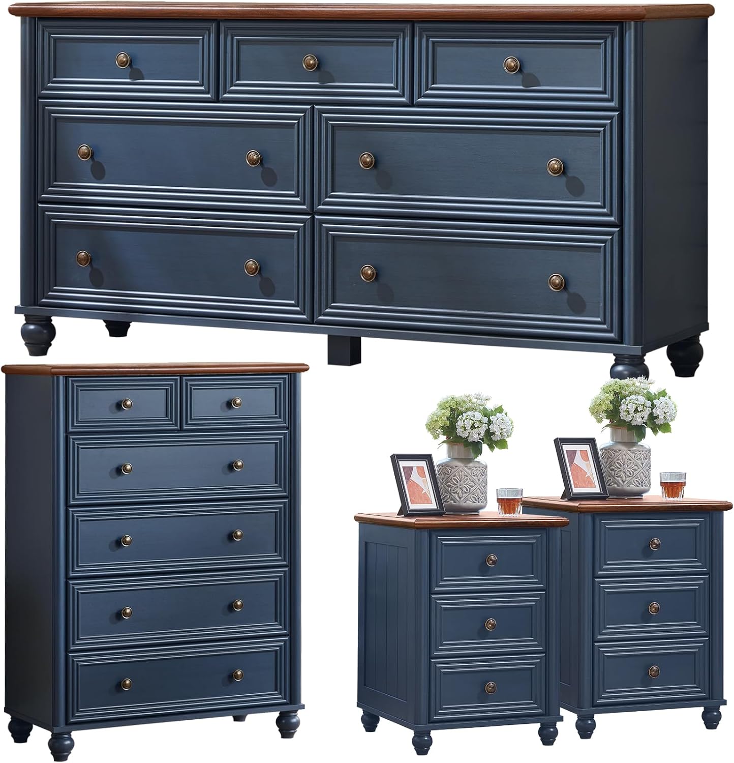 Farmhouse Dressers & Night Stand Set of 4, Wood 54" Wide 7 Drawer Dresser & 43.5" Tall Chest of Drawers, 18"Roman Column Nightstand Set of 2, Bedroom Furniture Dresser Set for Home Living Room Hallway