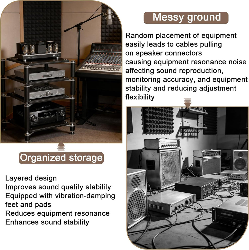 3-Tier AV Media Stand, Heavy Duty Audio Rack with Shock-Absorbing Foot pegs, Open Design av Stand, Multi-Layer Stereo Equipment Rack for Home, Office, Theater (Black, 3-Tiers)