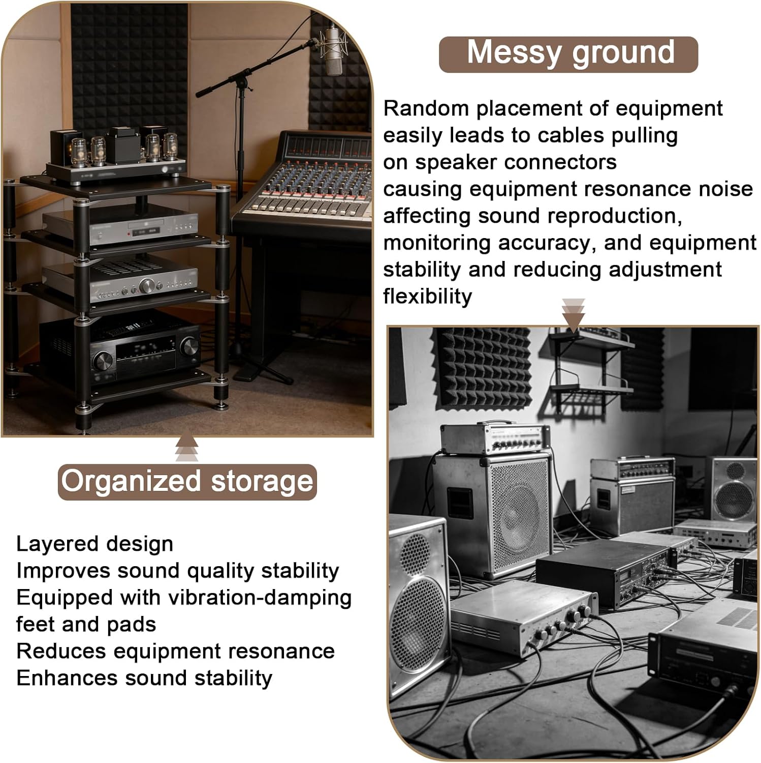 3-Tier AV Media Stand, Heavy Duty Audio Rack with Shock-Absorbing Foot pegs, Open Design av Stand, Multi-Layer Stereo Equipment Rack for Home, Office, Theater (Black, 3-Tiers)