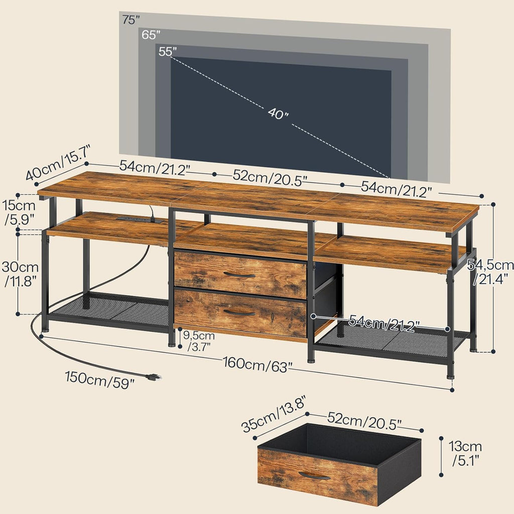 HOOBRO TV Stand with Power Outlet and LED Light, Entertainment Center for TVs Up to 75 Inch, Modern Media Console Table with 2 Non-Woven Drawers, for Living Room, Bedroom, Rustic Brown BF55UDDS01