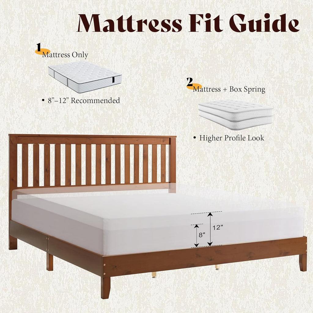 AMERLIFE Queen Bed Frame, Solid Wood Platform Bed with Vertical Slats Headboard, Wooden Bedframe Queen-Size, Sturdy Wooden Slats Support, No Box Spring Needed, Noise Free, Walnut