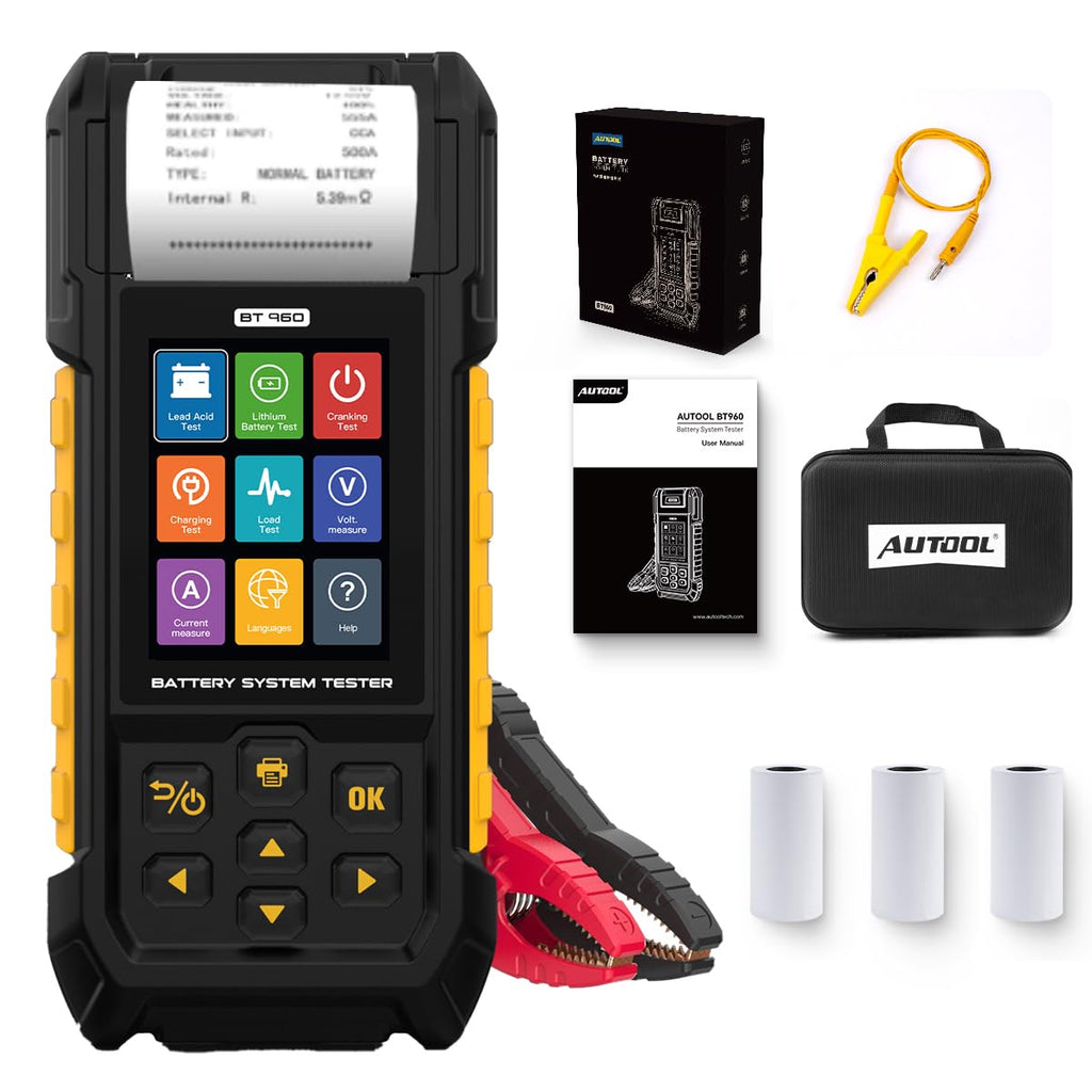 AUTOOL Car Battery Tester 12V 24V Automotive Battery Load Tester 30-2000 CCA, Battery Tester with Printer, Support Lithium Battery, Cranking & Charging & Leakage Test, Data Review Protection