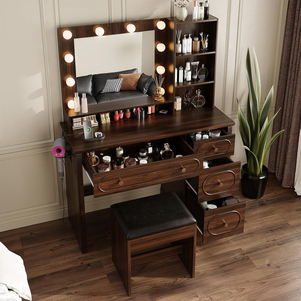 Vabches 42" W Walnut Makeup Vanity Desk with Mirror and Lights and Charging Station, Dark Brown Wood Vanity with Open Storage and Drawers and Stool Chair, Dressing Table Make Up Desk for Bedroom