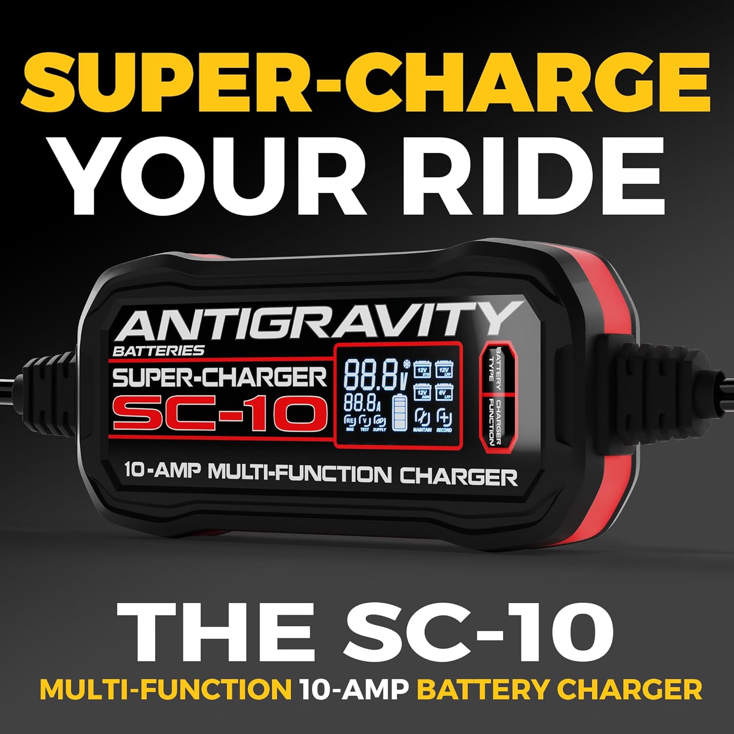 Antigravity SC-10 Super-Charger 10A Smart Battery Charger & Maintainer for 6V/12V Lithium (LiFePO4) & 12V Lead-Acid Batteries – Wall-Powered, LCD Display, Power Supply Mode, BMS Reset