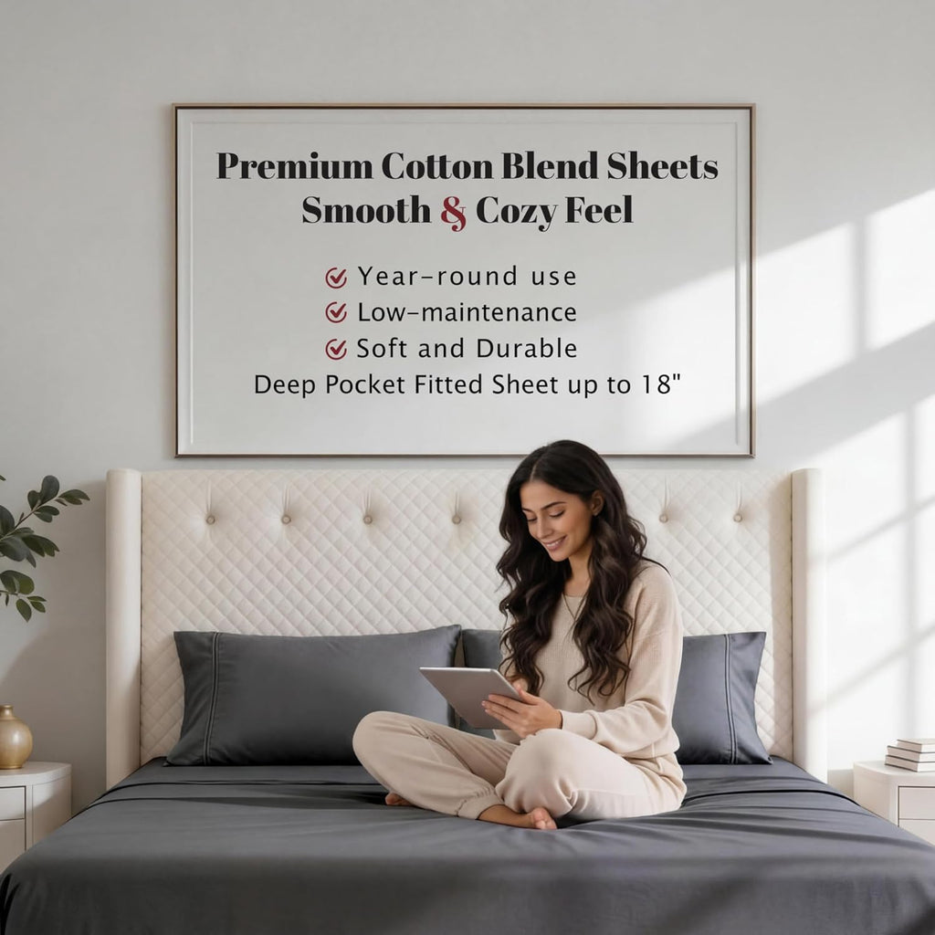 Superior Cotton Blend 800 Thread Count Sheet Set, Bedding Basics, Bedroom Essentials, Includes 1 Fully Elastic Deep Pocket Fitted Sheet, 1 Flat Sheet, 2 Pillowcases, Full, Grey