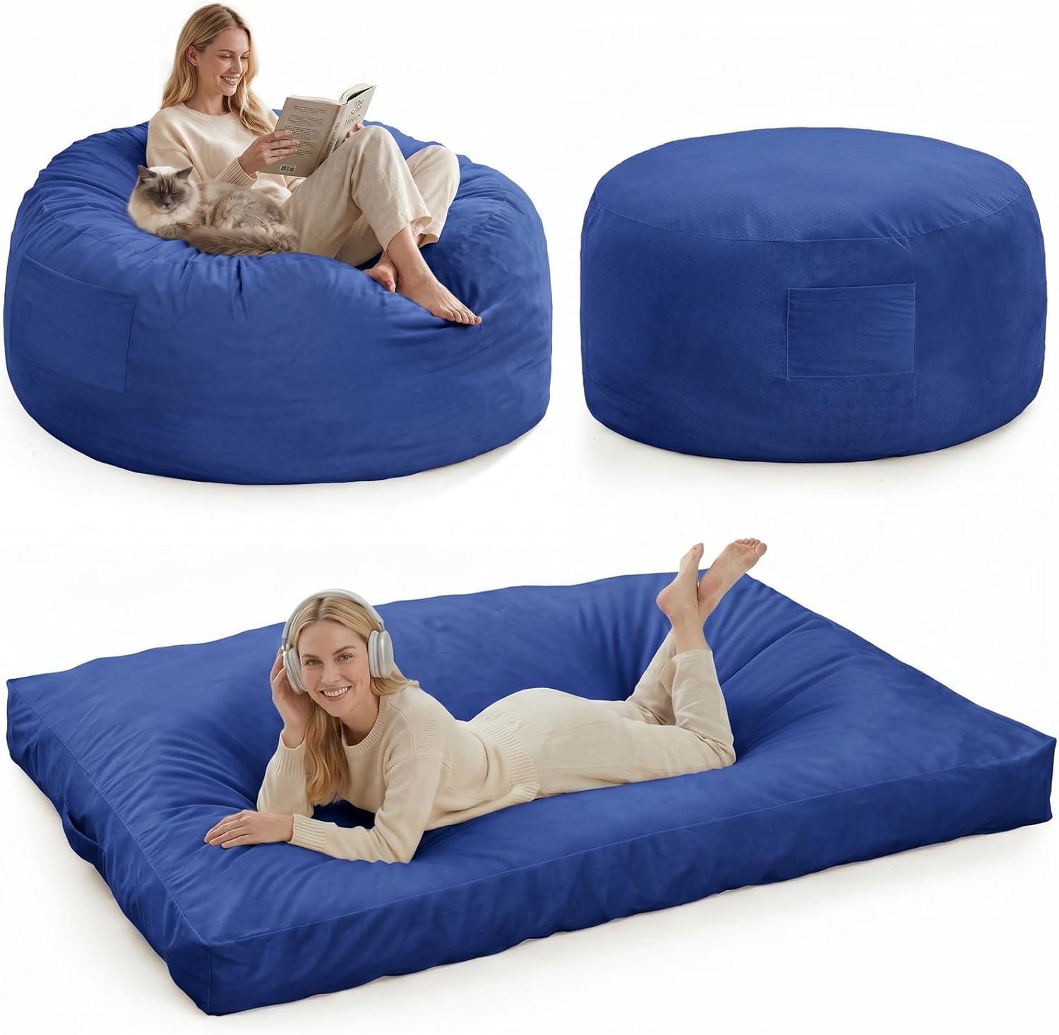 Garvee 4 in 1 Adult Bean Bag Chair, 4ft Large Beanbag Chair with High Rebound Memory Foam Filler and Removable Cover, Oversized Comfy Flannel Bean Bag Couch Bed Lazy Sofa for Adults Teens, Blue