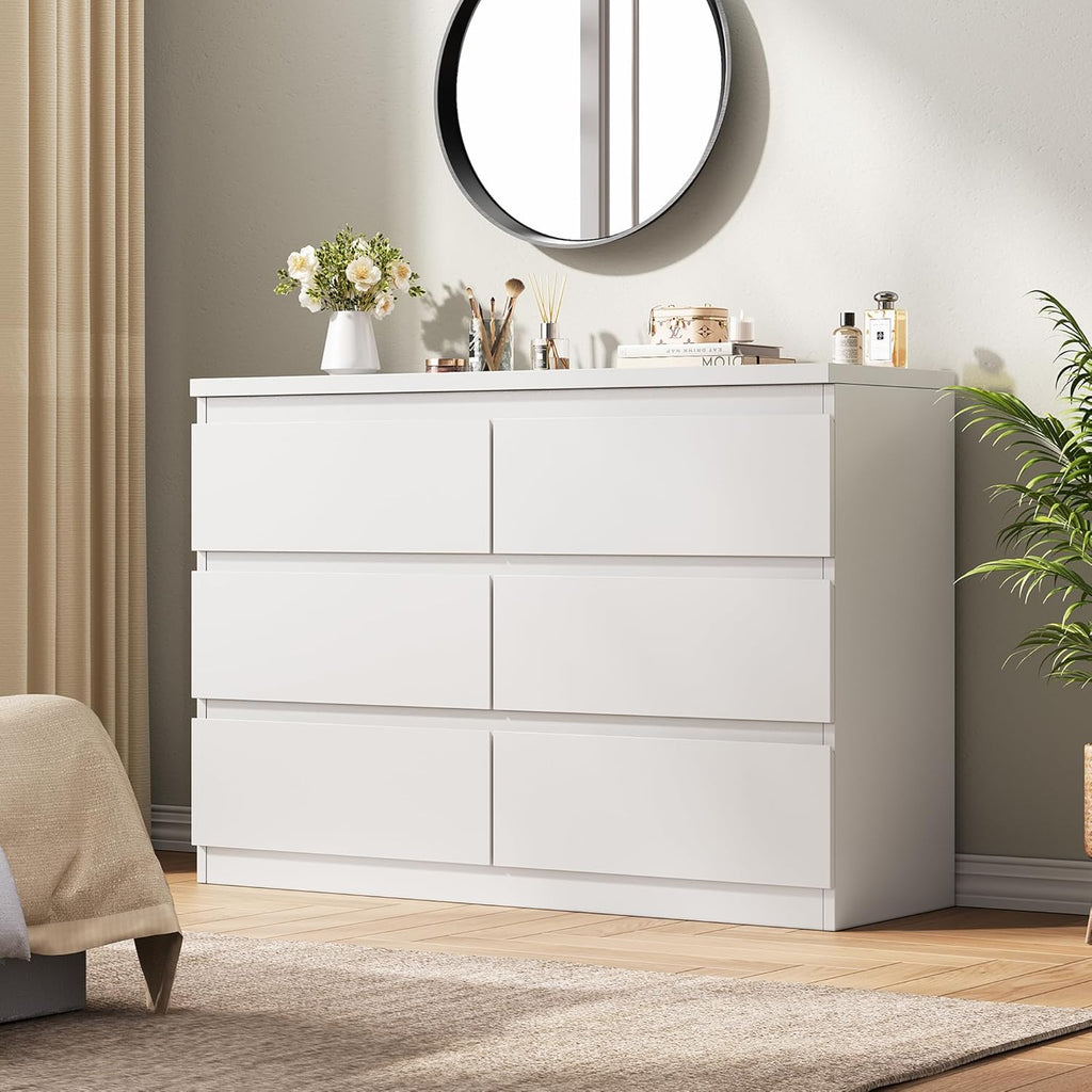 Jocoevol Modern 6 Drawer Dresser White Dresser for Bedroom, Simply Chest of Drawers, Wood Storage Dresser with Deep Drawers for Living Room Hallway Entryway, White