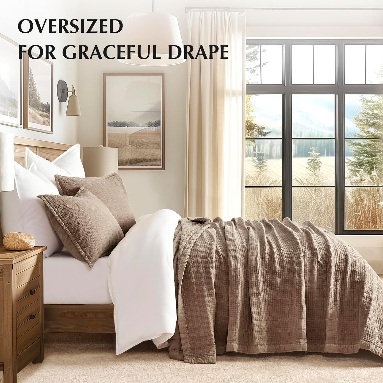 EVERGRACEHOME Stonewashed Cotton Quilt Set King Size, Ultra Soft Oversized Bedspread Coverlet Set, Lightweight Crinkle Box Stitch Bedding Sets for All Season, with 2 Shams, Mocha Brown