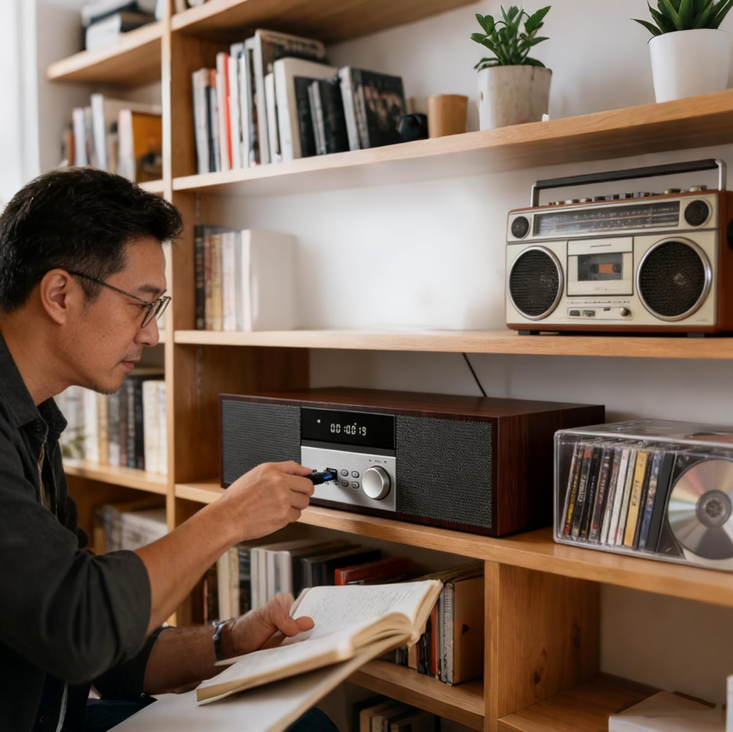 LONPOO Stereo Shelf System for Home, Vintage CD Player 40W RMS Micro Mini System with Remote Control, Bluetooth, FM Radio, USB MP3 Playback & Aux-in,Brown