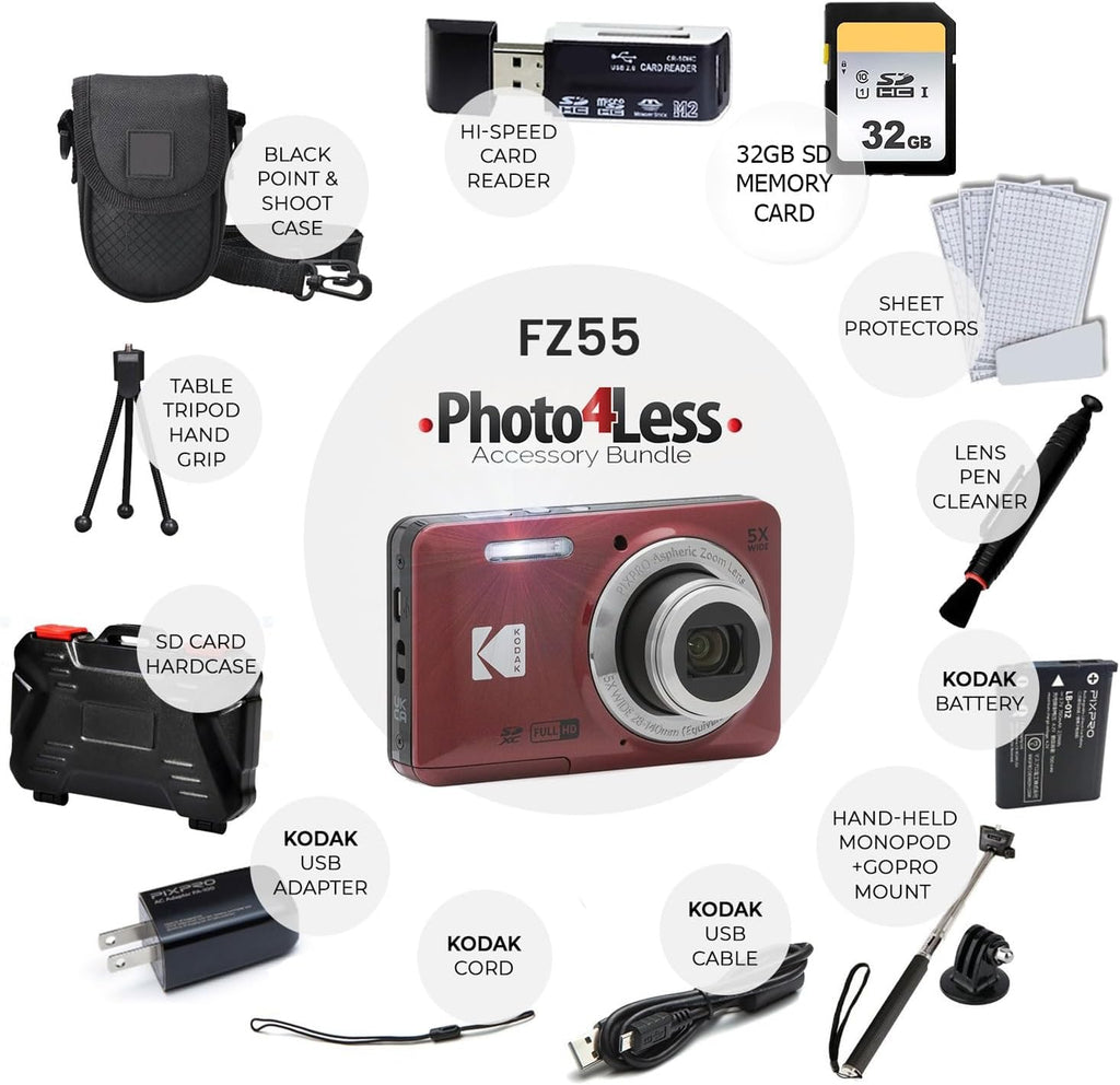 Kodak PIXPRO FZ55 Digital Camera (Red) + 32GB Memory Card + Point and Shoot Camera Case + Extendable Monopod + Lens Cleaning Pen + LCD Screen Protectors + Table Top Tripod Ultimate Bundle