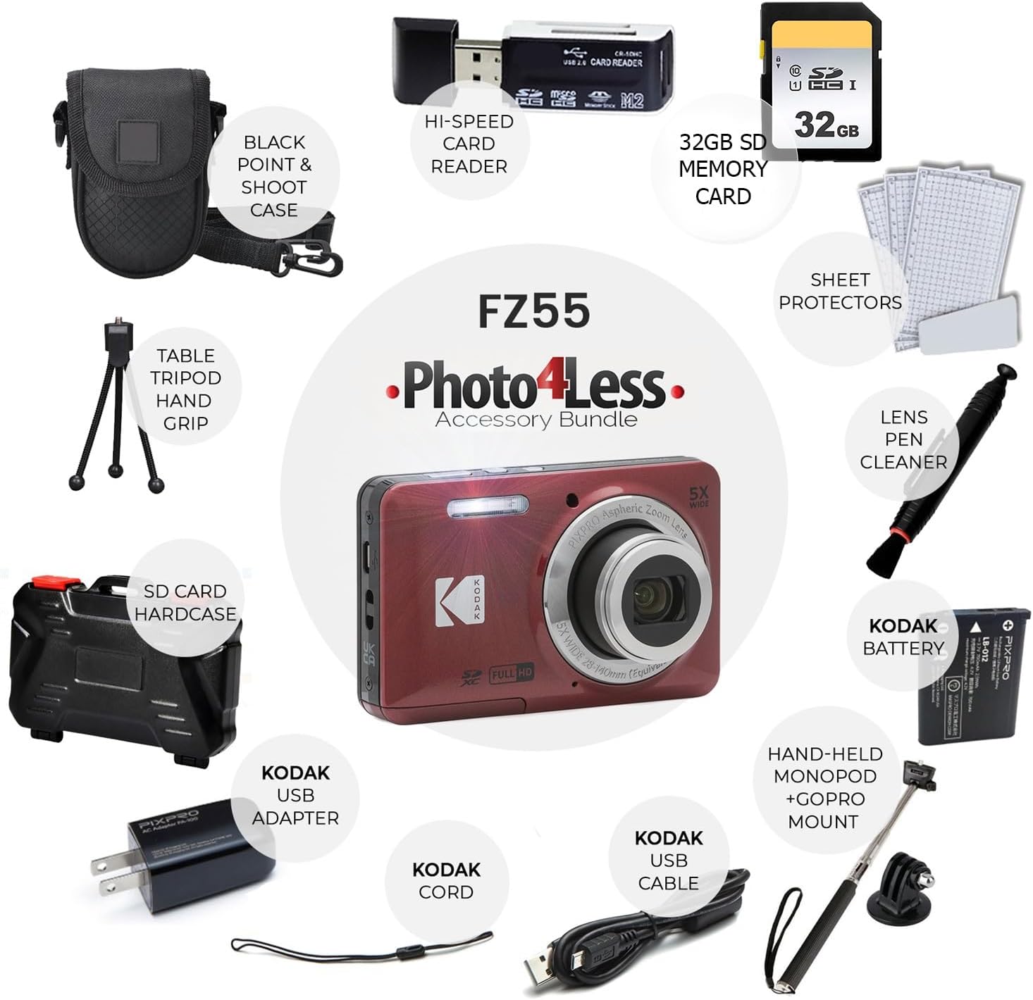 Kodak PIXPRO FZ55 Digital Camera (Red) + 32GB Memory Card + Point and Shoot Camera Case + Extendable Monopod + Lens Cleaning Pen + LCD Screen Protectors + Table Top Tripod Ultimate Bundle