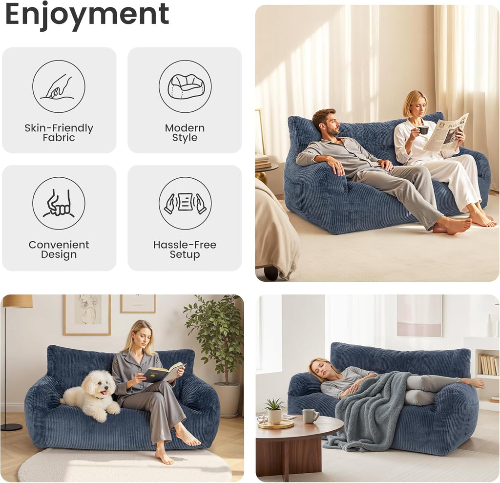 59" Bean Bag Chair,2 Seat Loveseat Sofa,Corduroy Lazy Sofa Bed for Adults,Fit Living Room, Bedroom,Outdoor Spaces,Ultra Soft Dutch Velvet,Fluffy Comfort Washable Cover,72h Rebound,Blue