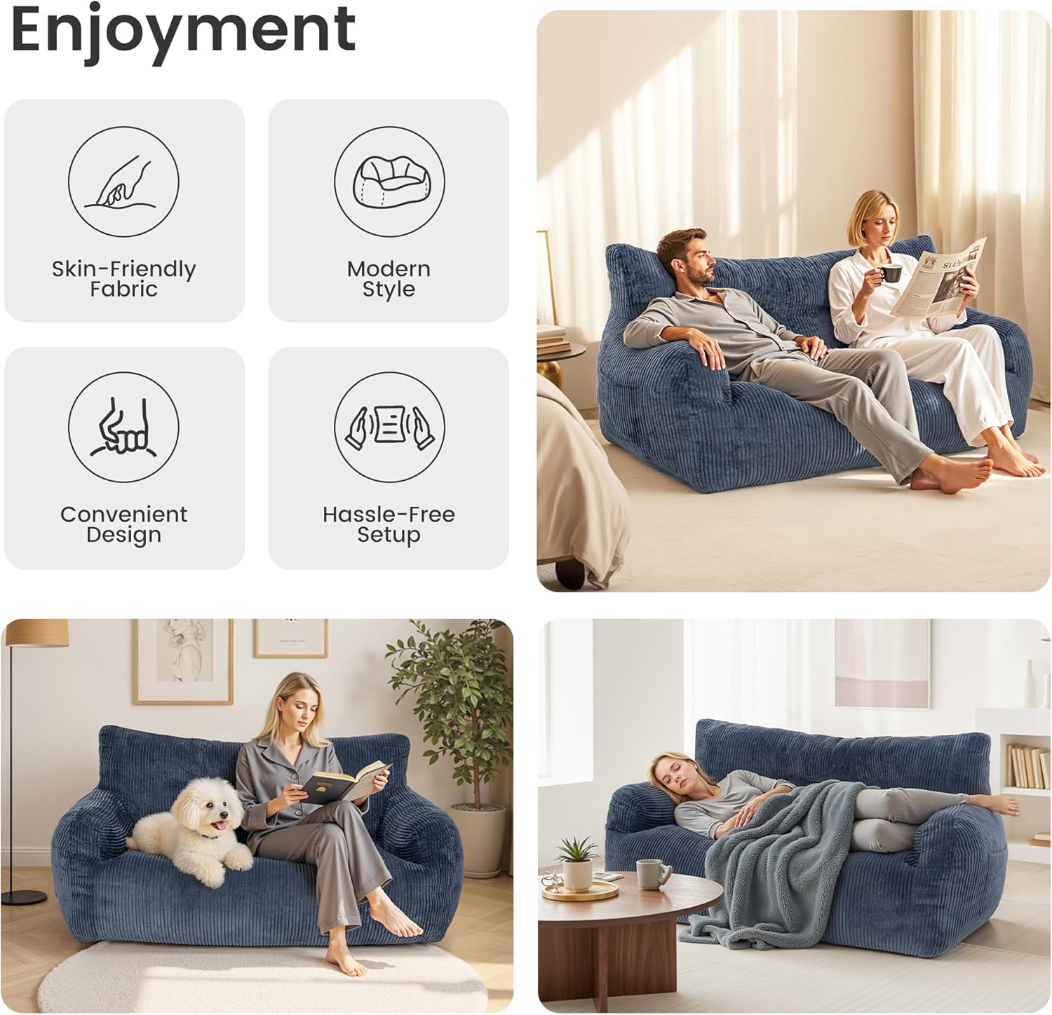 59" Bean Bag Chair,2 Seat Loveseat Sofa,Corduroy Lazy Sofa Bed for Adults,Fit Living Room, Bedroom,Outdoor Spaces,Ultra Soft Dutch Velvet,Fluffy Comfort Washable Cover,72h Rebound,Blue
