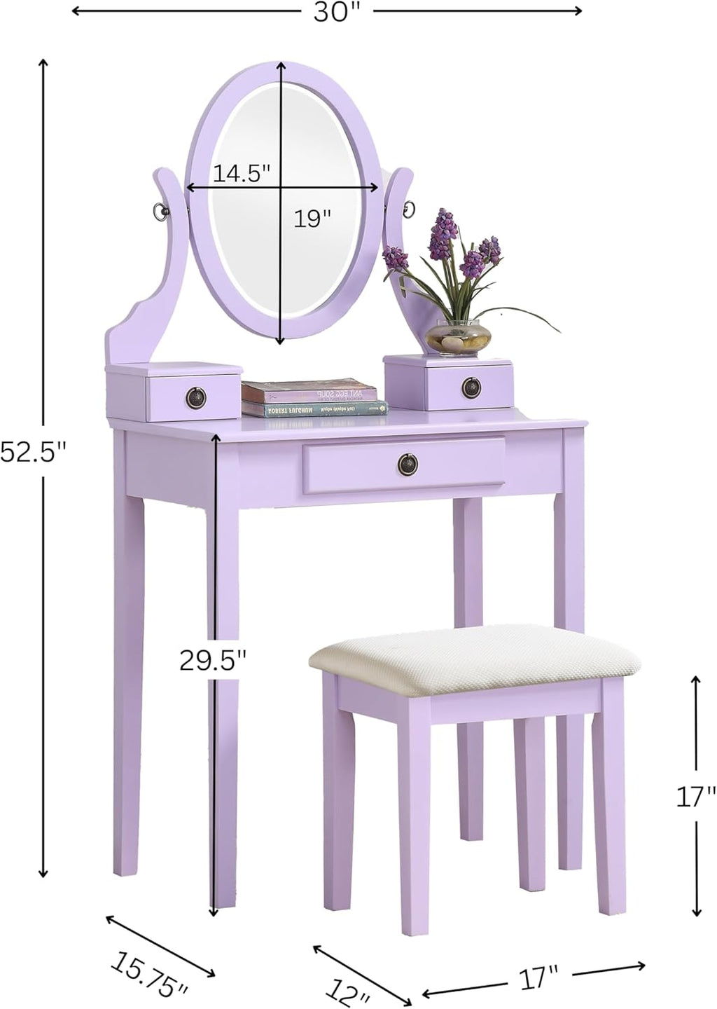 Roundhill Furniture Moniys Wood Moniya Makeup Vanity Table and Stool Set, Purple