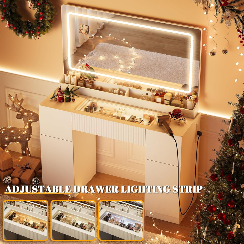 INNOD 44" Vanity Desk with Large Mirror and Lights, Modern Glass Top Makeup Vanity Set with Power Outlet, 3 Drawers and 2 Cabinet, 3 Lighting Color Adjustable Dressing Table for Bedroom,Pure White