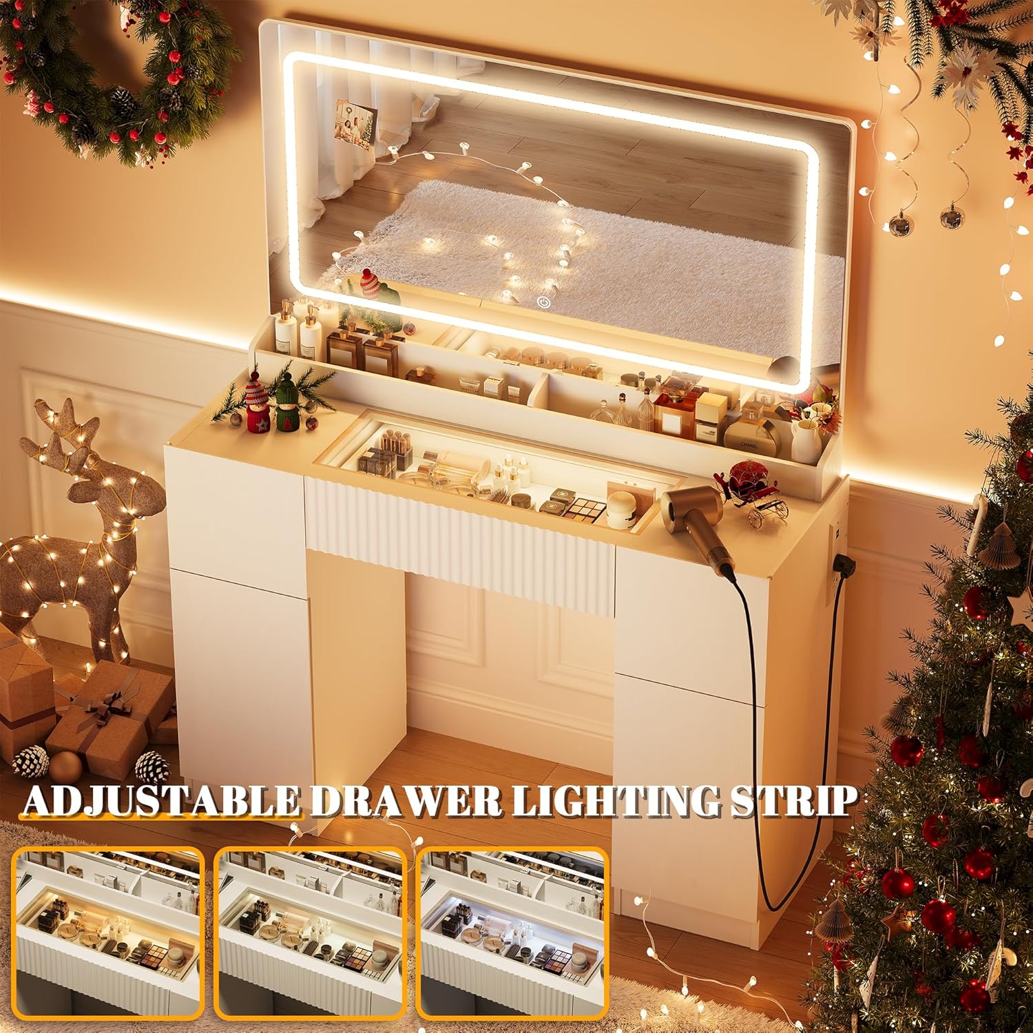 INNOD 44" Vanity Desk with Large Mirror and Lights, Modern Glass Top Makeup Vanity Set with Power Outlet, 3 Drawers and 2 Cabinet, 3 Lighting Color Adjustable Dressing Table for Bedroom,Pure White