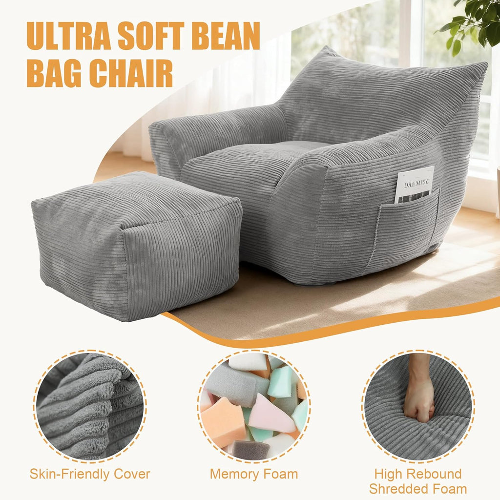Oversized Bean Bag Chair with Ottoman, Bean Bag Couch with 2 Side Pockets, Corduroy Boneless Couch Chair in a Box, Comfy Lounge Chair for Living Room, Bedroom, Dorm, Gray