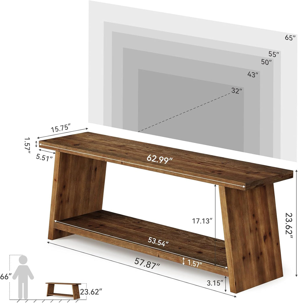 LITTLE TREE Solid Wood TV Stand, Farmhouse Media Console for 55/60/65 inch TV, 2-Tier Mid-Century Modern TV Stand with Storage, for Living Room, Entertainment Center (Walnut, 63-Inch)