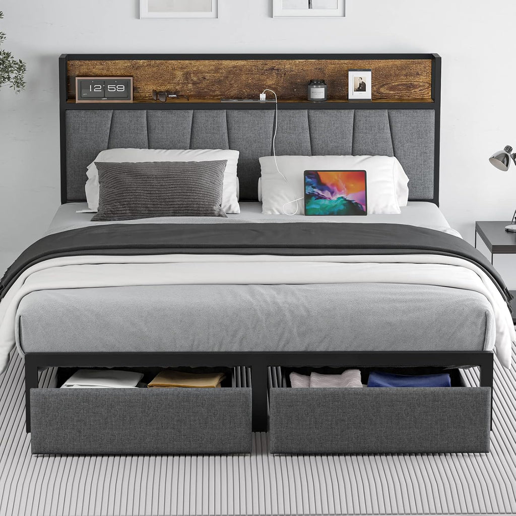 CIKUNASI Queen Size Bed Frame with Headboard and Storage, Drawers Platform Bed Frame with Storage Chargin Station LED Light Bedframe, Heavy Duty, No Box Spring Needed