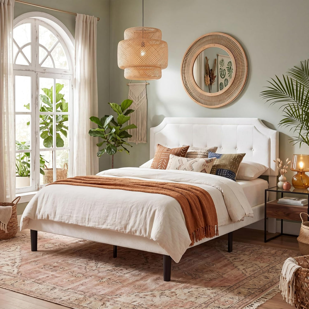 VECELO Queen Size Velvet Bed Frame with Headboard, Upholstered Platform Bedframe with Strong Wooden Slats, No Box Spring Needed, Easy Assembly,Off White