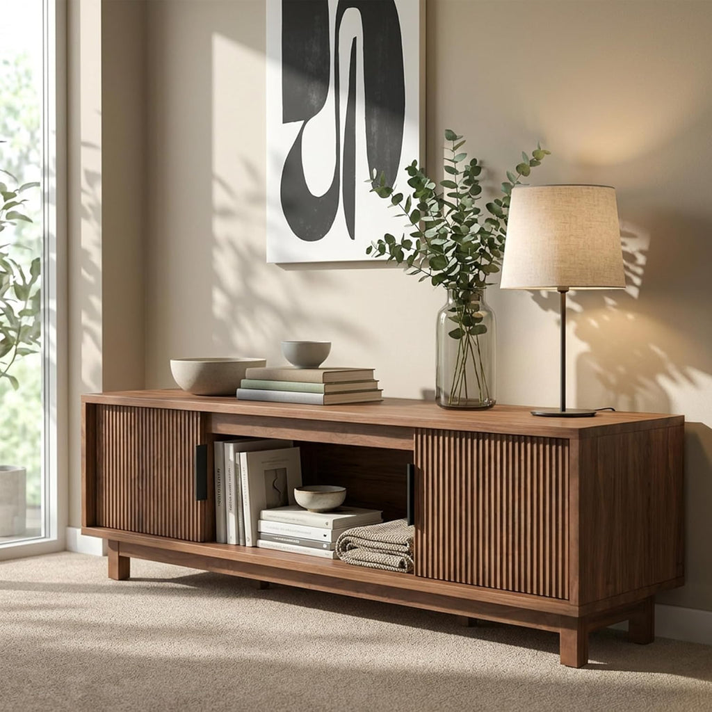 Alpen Fluted TV Stands for Living Room, 70" Mid Century Modern Entertainment Center with Storage, Brown Walnut TV Console for 65/75/80 Inch TV, Wood Television Media Cabinet for Bedroom
