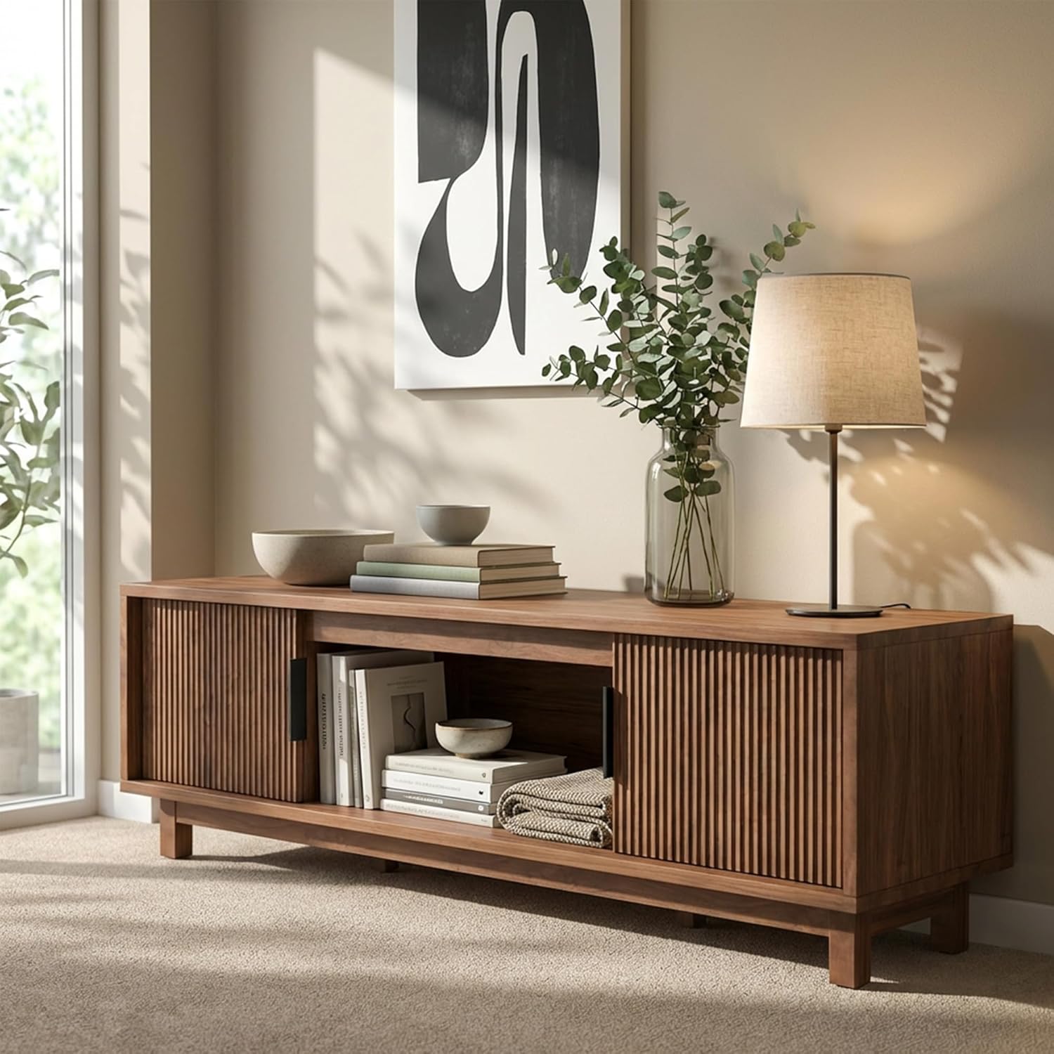 Alpen Fluted TV Stands for Living Room, 70" Mid Century Modern Entertainment Center with Storage, Brown Walnut TV Console for 65/75/80 Inch TV, Wood Television Media Cabinet for Bedroom