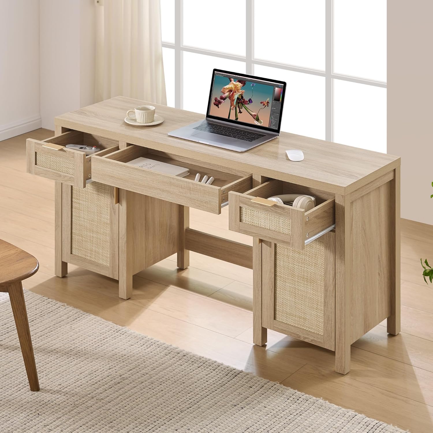 SICOTAS 52" Rattan Vanity Desk with Storage, Boho Farmhouse Makeup Dressing Table with 3 Drawers & 2 Cabinets, Wooden Home Office Desk for Bedroom, Light Oak