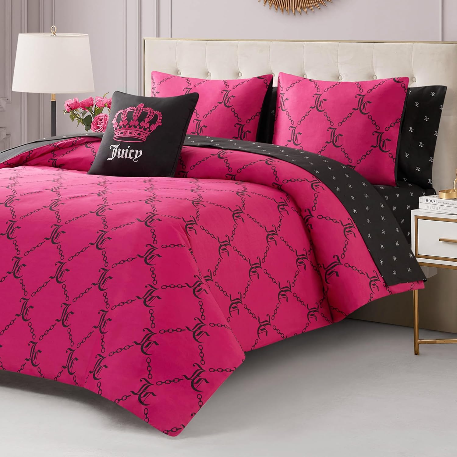 Juicy Couture Hot Pink/Black Link Logo Printed Comforter Set, Queen – Complete 8-Piece Bed in a Bag Collection