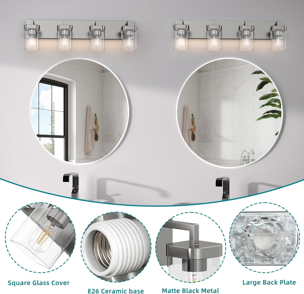 4-Light Bathroom Light Fixtures, Brushed Nickel Vanity Lights for Bathroom, Kitchen, Living Room, Modern Bathroom Vanity Lights with Clear Glass Shades