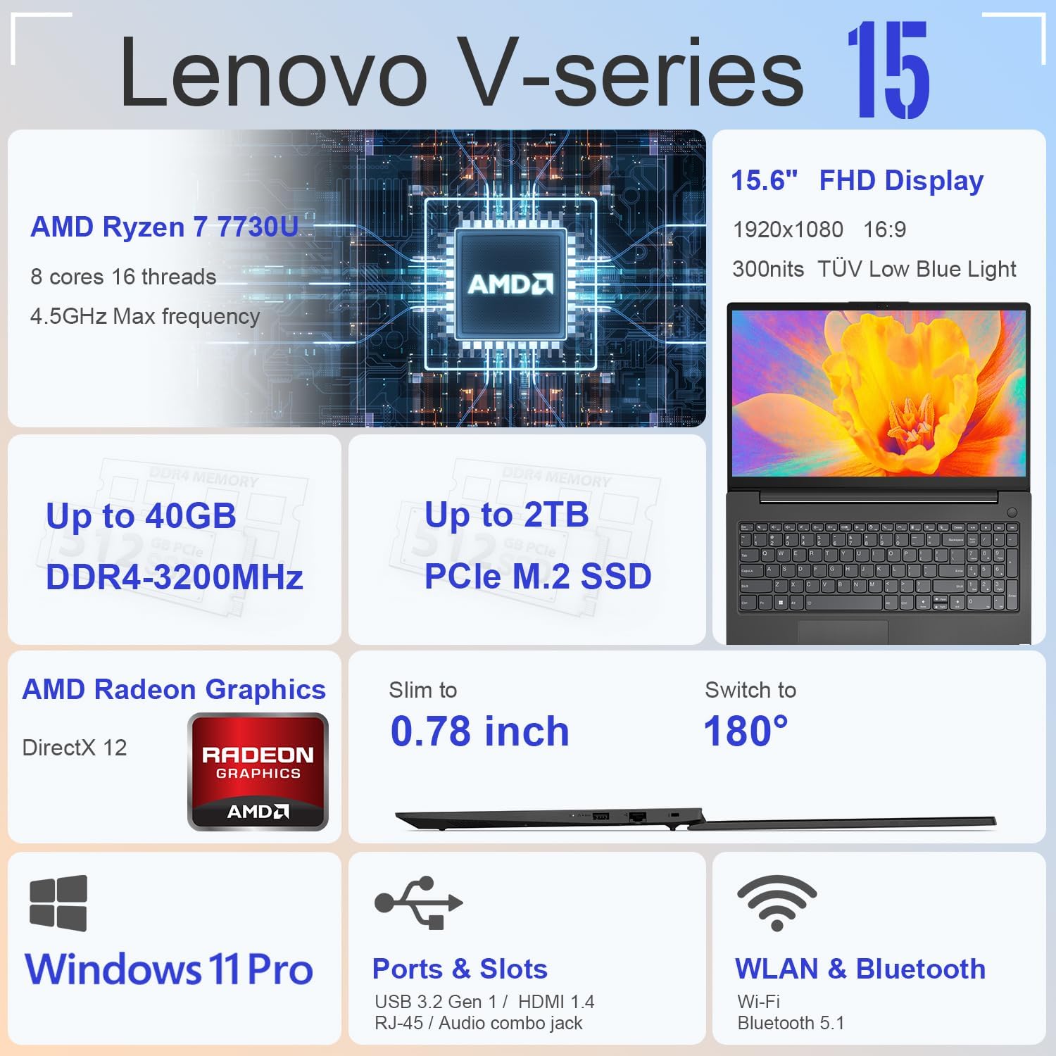 Lenovo Laptop V15 for Business, Home, Student, 15.6" FHD Anti-Glare, AMD Ryzen 7 7730U, 16GB RAM, 512GB SSD, HDMI, Type-C, Numeric Keypad, Webcam w/ Shutter, Wi-Fi 6, Win 11 Pro w/ AI Copilot, Black