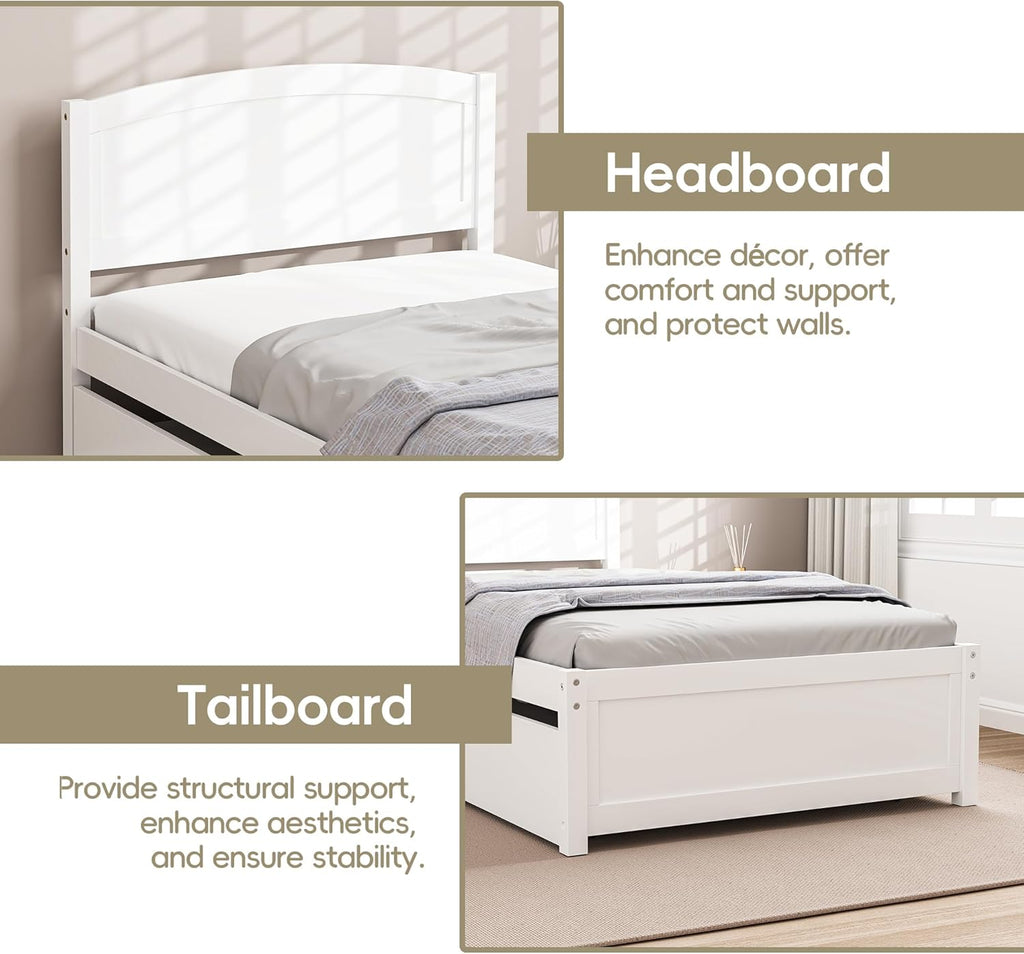 Twin Trundle Bed, Solid Wooden Pull Out Bedframe, Extendable Day Bed with Headboard and Soild Wood Slats Support, Bedroom, Living Room, Guest Room, No Box Spring Needed (White)