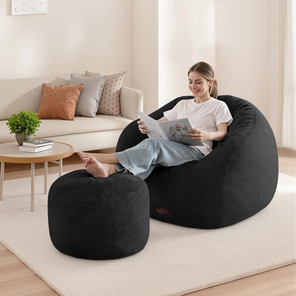 HABUTWAY Bean Bag Chair, Oversized Shell-Shaped Bean Bag Couch with Ottoman, Giant Beanbag Chair for Adults and Kids, Comfy Bean Bag Sofa & Footstool, Large Floor Sofa for Living Room Bedroom, Black