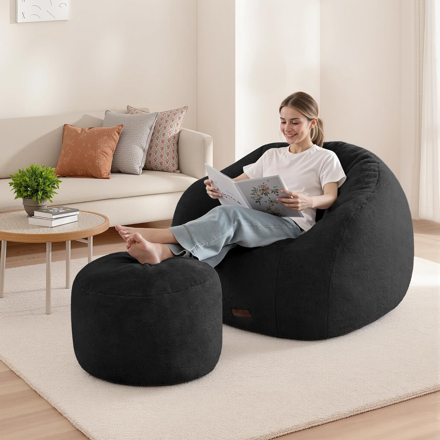 HABUTWAY Bean Bag Chair, Oversized Shell-Shaped Bean Bag Couch with Ottoman, Giant Beanbag Chair for Adults and Kids, Comfy Bean Bag Sofa & Footstool, Large Floor Sofa for Living Room Bedroom, Black
